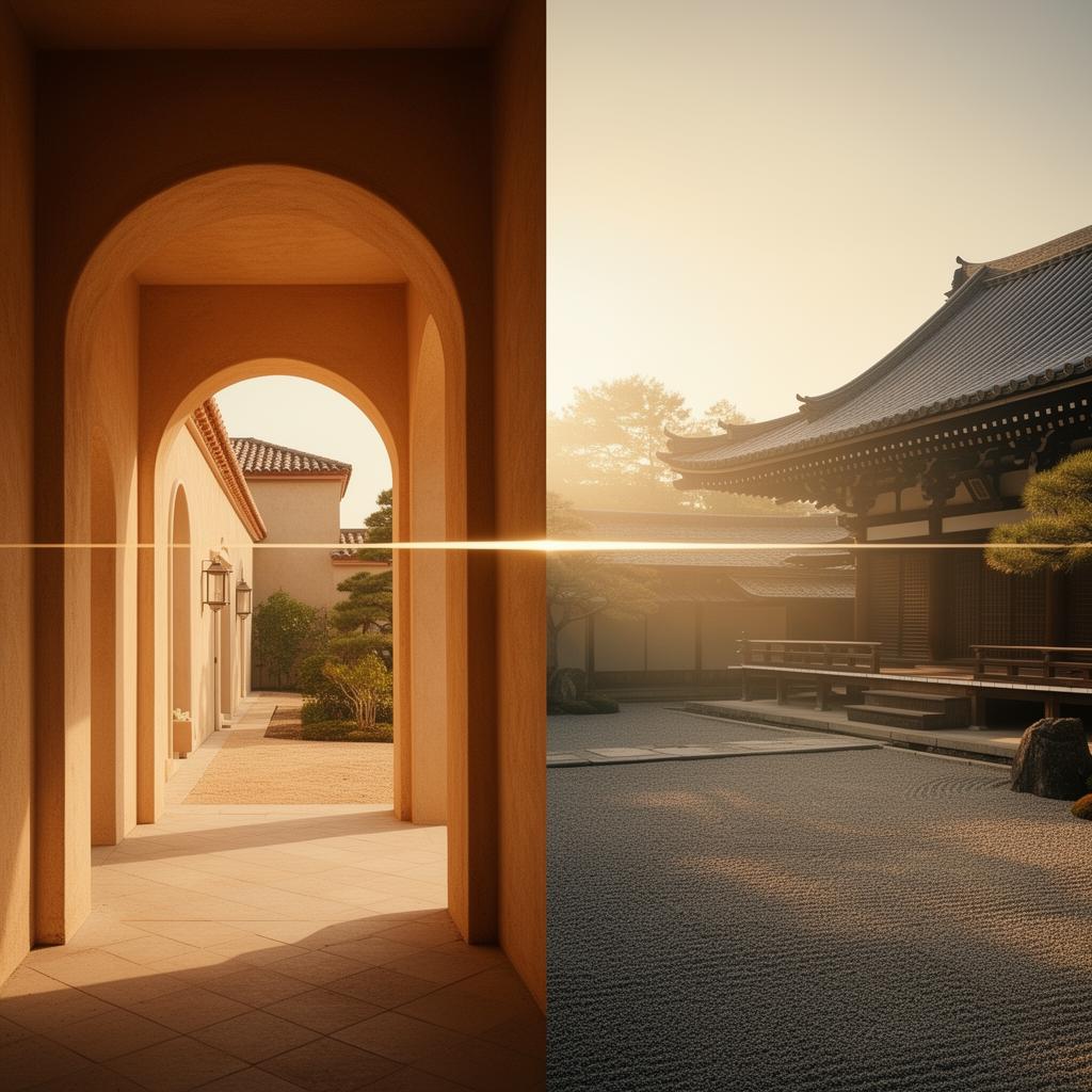 Quiet Japanese garden at golden hour